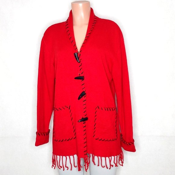 Rough Rider by Circle T Heavy Red Cardigan Sweater Toggle Buttons Fringe - Picture 1 of 5